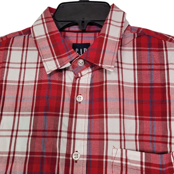 GAP Men's Red & White Plaid Short Sleeve Button-Up Poplin Cotton Shirt Medium - Picture 5 of 10